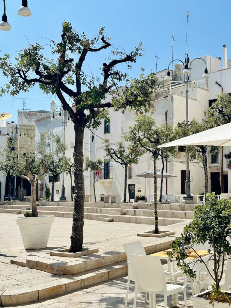 Table d'un café sur une place arborée du centro storico de Polignano a Mare.