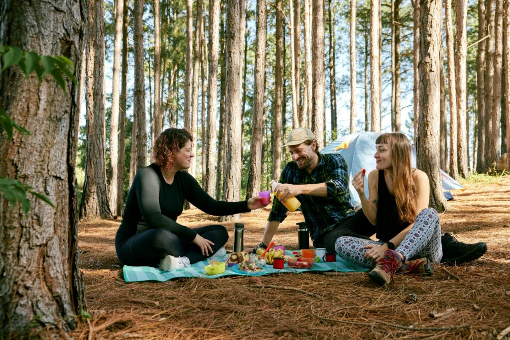 Des amis dégustent un picnic lors d'une esacapade en camping à la Toussaint.