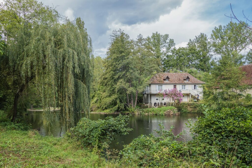 Bords du Célé avec saule pleureur et maison traditionnelle dans la vallée du Lot
