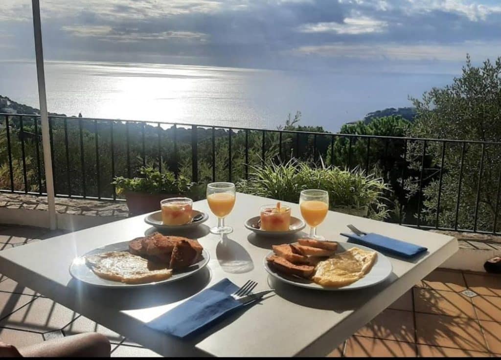 Petit déjeuner dégusté sur une terrasse qui surplombe la mer à l'hostal Sa Barraca