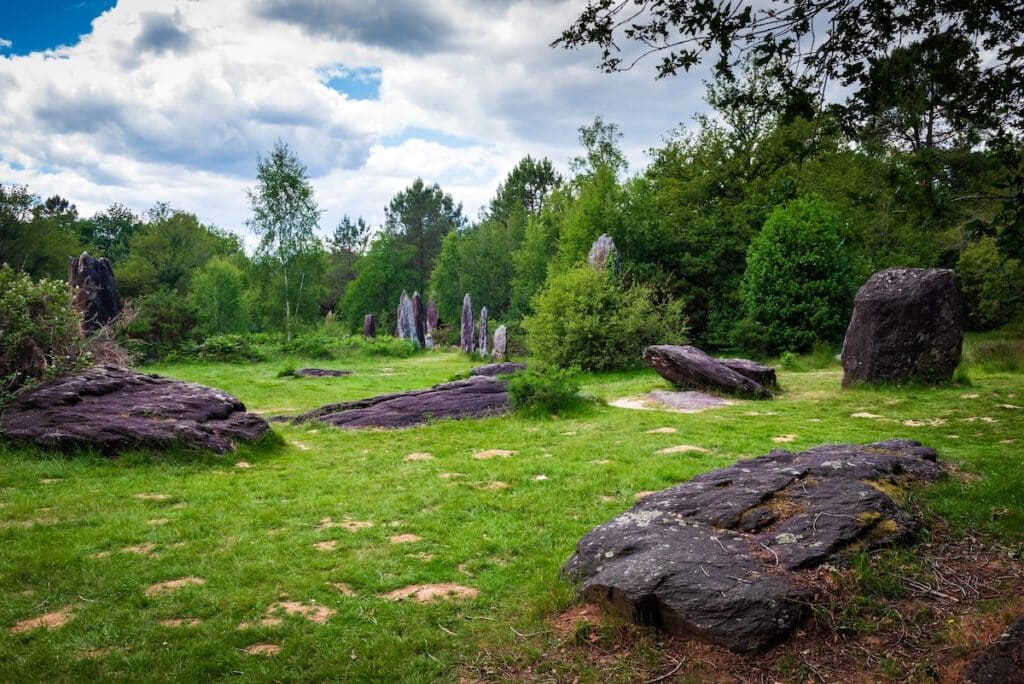 Les menhirs couchés de Monteneuf au bordure de forêt.