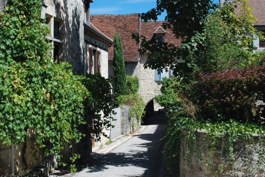 Ruelle ombragée de Martel bordée de maisons en pierre et de végétation