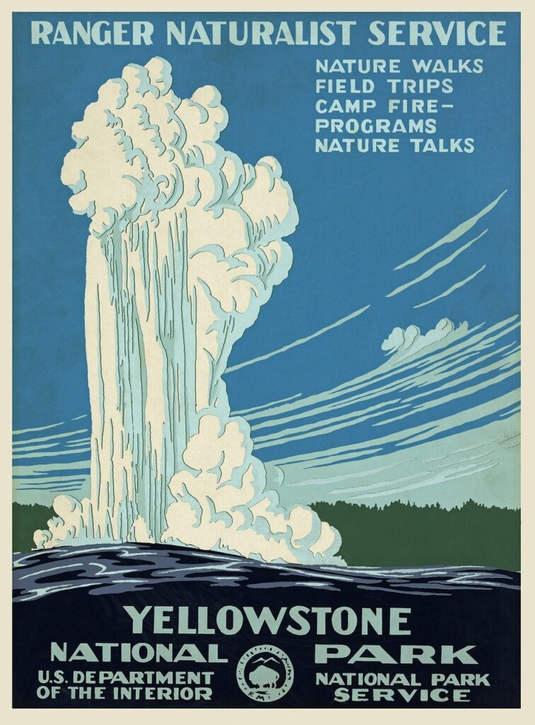 Affiche de voyage ancienne du parc national de Yellowstone aux USA