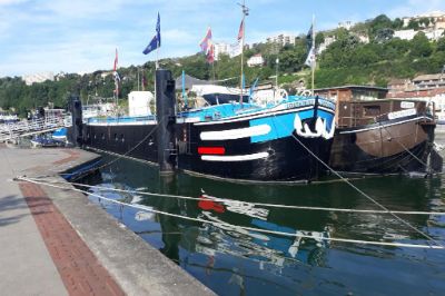 Péniche L'Oiseau Bleu sur les quais du Rhône à Lyon.