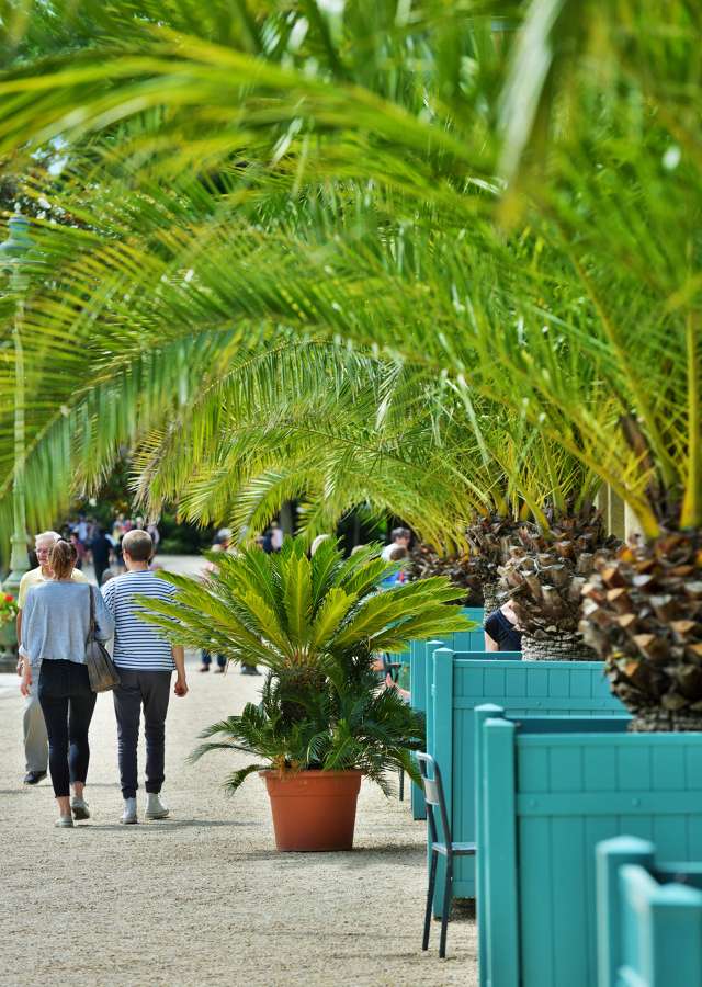 Un couple marche dans une allée du parc du Thabor